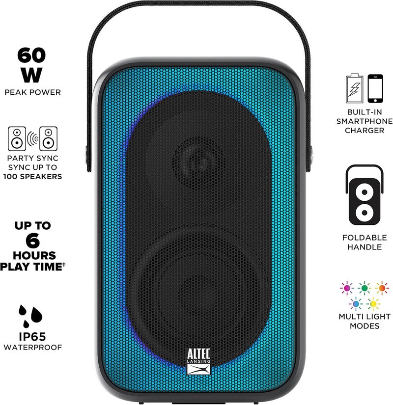Altec Lansing مكبر صوت وايرلس شوق ويف 60 واط بلوتوث مع بطارية تدوم 6 ساعات، أوضاع حفلات متعددة LED، أوضاع تعزيز الباس المتعددة، مزامنة الحفلات - Image 4